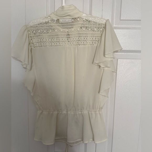 New York & Company Cream Lace-Yoke Ruffle Blouse - Picture 3 of 5
